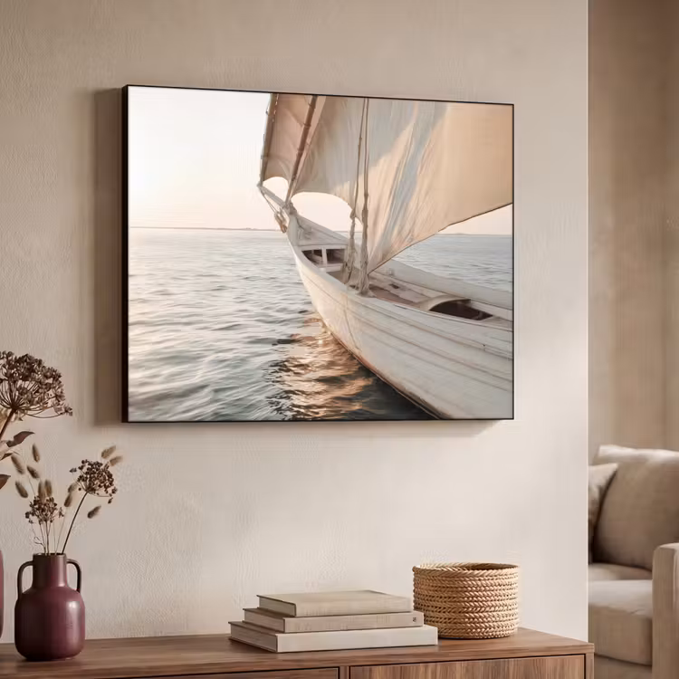 Zeilboot - Zee - Beige - Zon Textielframe zwart klein -sfeer3