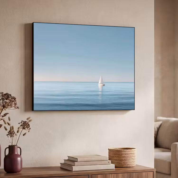 Zeilbootje - Kalme zee - Helderblauwe hemel Textielframe zwart klein -sfeer3