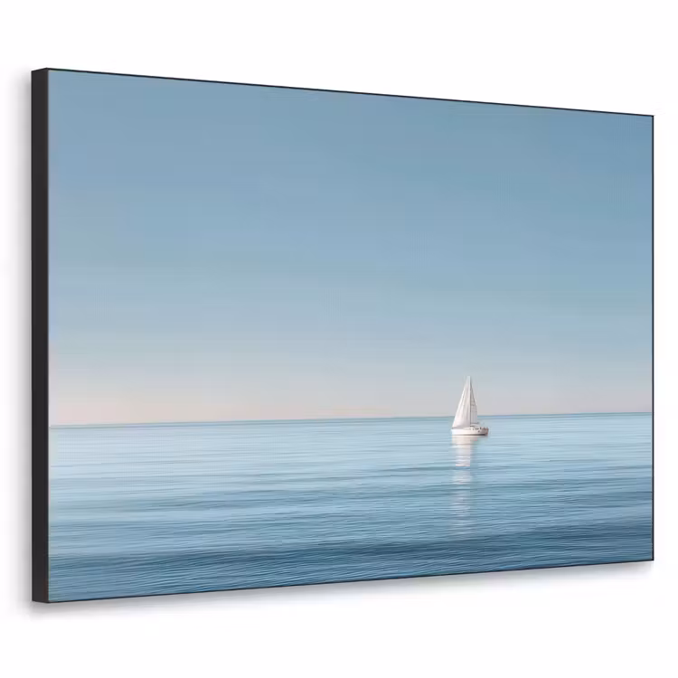 Zeilbootje - Kalme zee - Helderblauwe hemel Textielframe zwart klein -3d