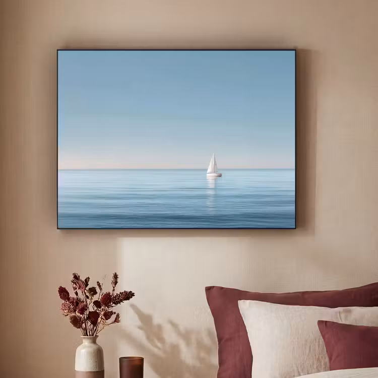 Zeilbootje - Kalme zee - Helderblauwe hemel Textielframe - compleet frame klein -sfeer1