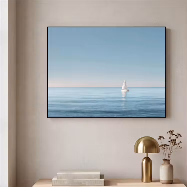 Zeilbootje - Kalme zee - Helderblauwe hemel Textielframe - compleet frame klein -sfeer2