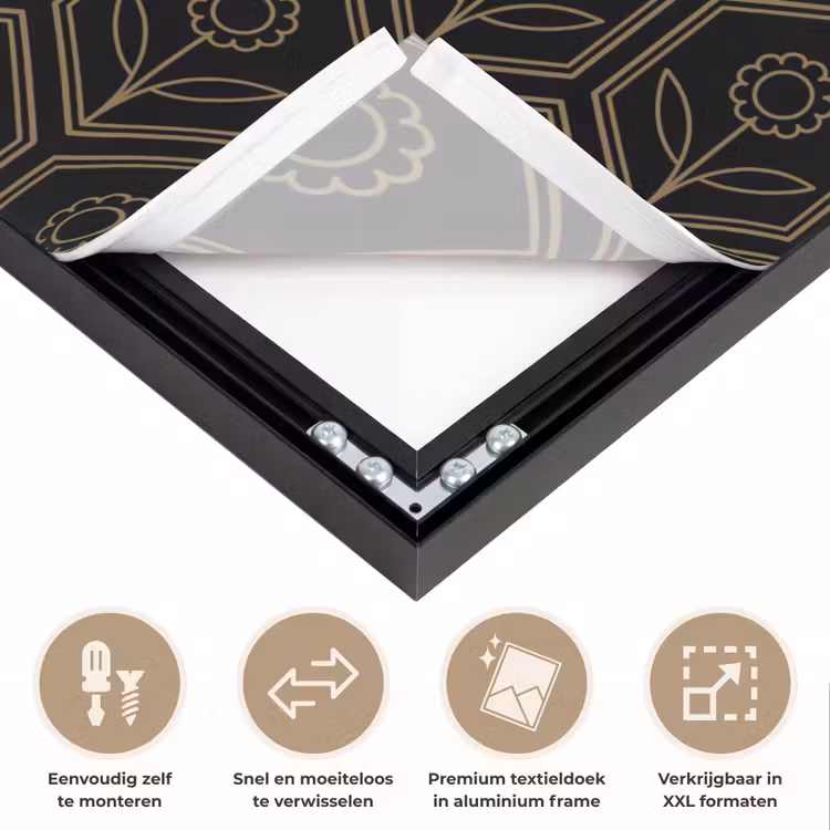 Zeshoek - Zwart - Goud - Bloem Textielframe zwart klein 947 -USP_closeupNL