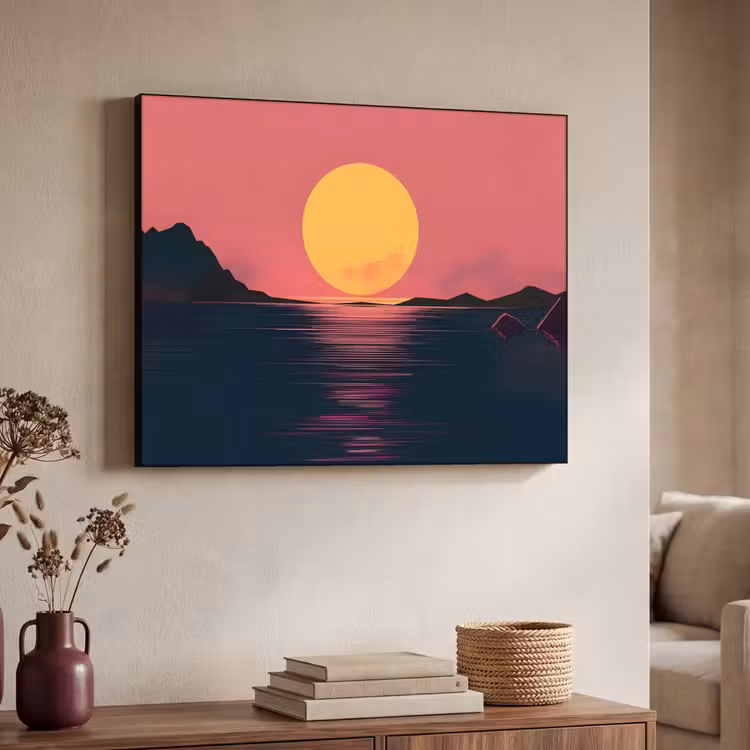 Zon - Geel - Bergen - Water Textielframe zwart klein -sfeer3