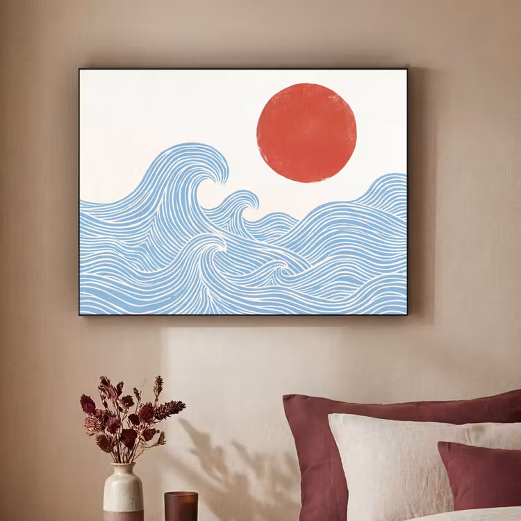 Zon - Golven - Oceaan - Abstract - Rood Textielframe zwart klein -sfeer1