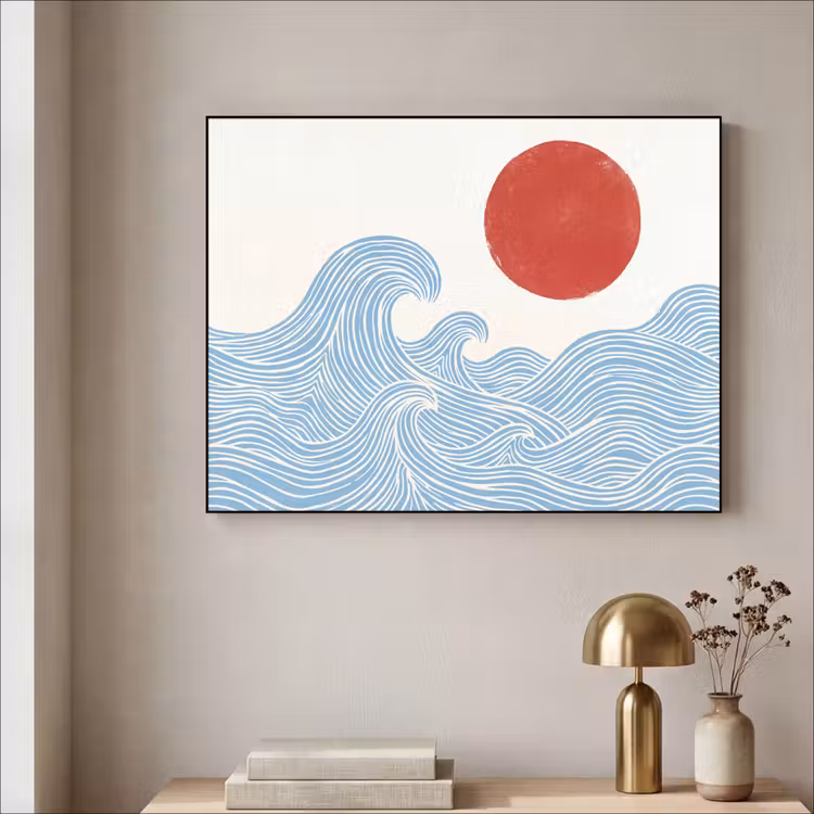 Zon - Golven - Oceaan - Abstract - Rood Textielframe zwart klein -sfeer2