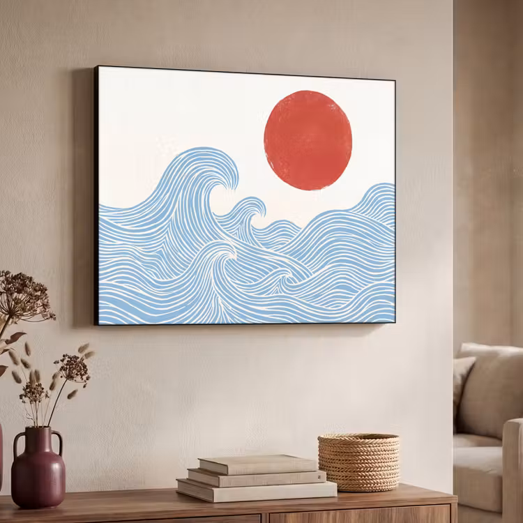 Zon - Golven - Oceaan - Abstract - Rood Textielframe zwart klein -sfeer3