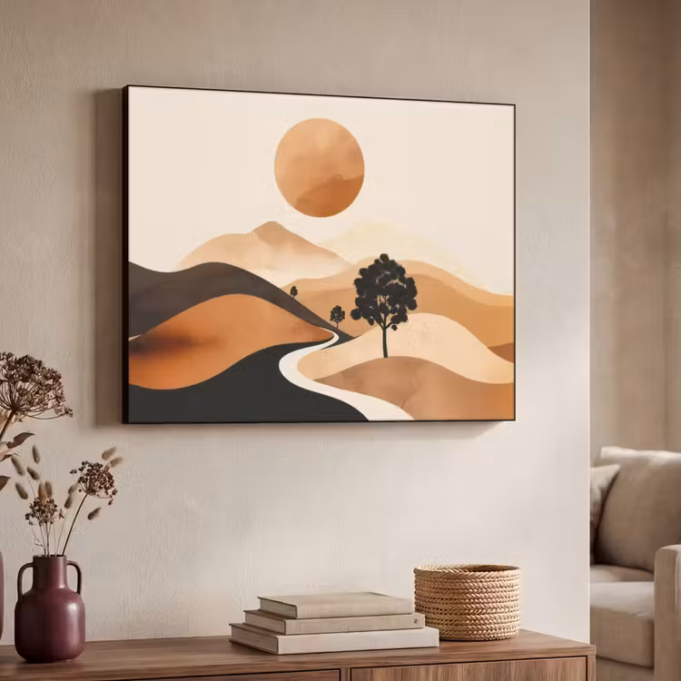 Zon - Heuvels - Boom - Abstract Textielframe - compleet frame klein -sfeer3