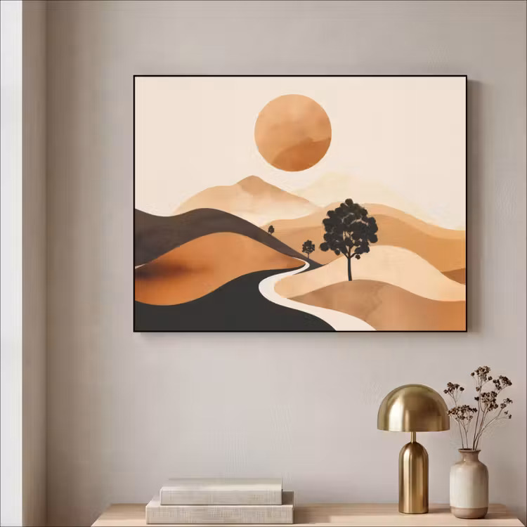 Zon - Heuvels - Boom - Abstract Textielframe zwart klein -sfeer2