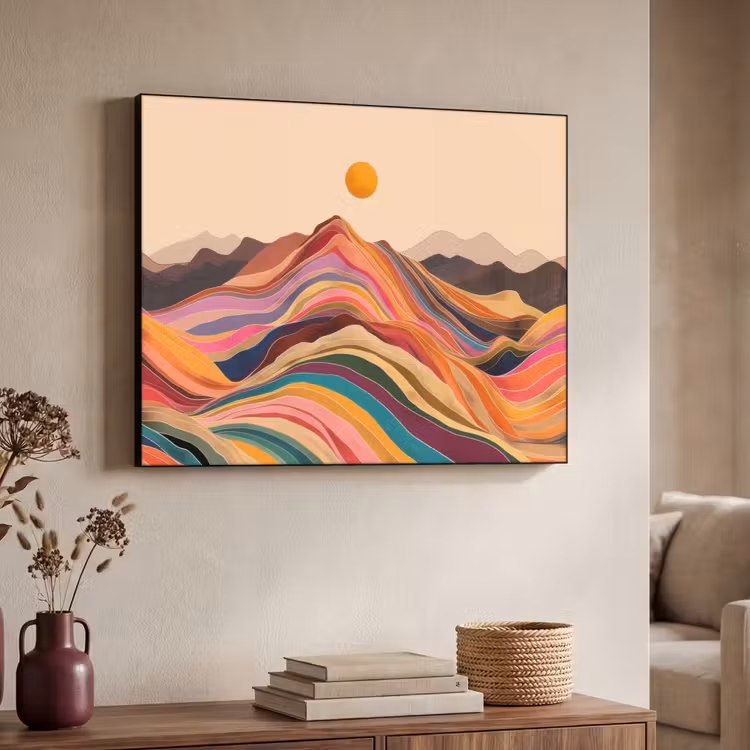 Zon - Kleurrijk landschap - Bergen Textielframe zwart klein -sfeer3