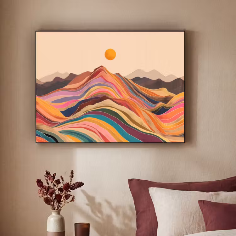 Zon - Kleurrijk landschap - Bergen Textielframe - compleet frame klein -sfeer1