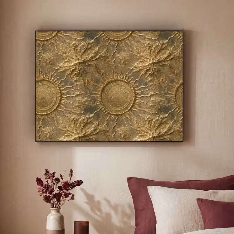 Zon - Reliëf - Antiek - Goud Textielframe zwart klein 947 -sfeer1