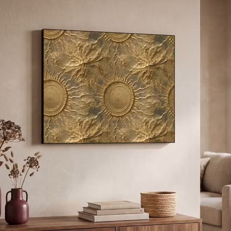Zon - Reliëf - Antiek - Goud Textielframe zwart klein 947 -sfeer3