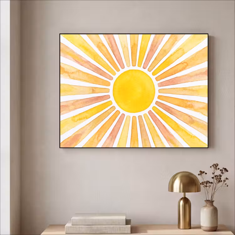Zon - Stralen - Aquarel - Geel - Abstract Textielframe zwart klein -sfeer2