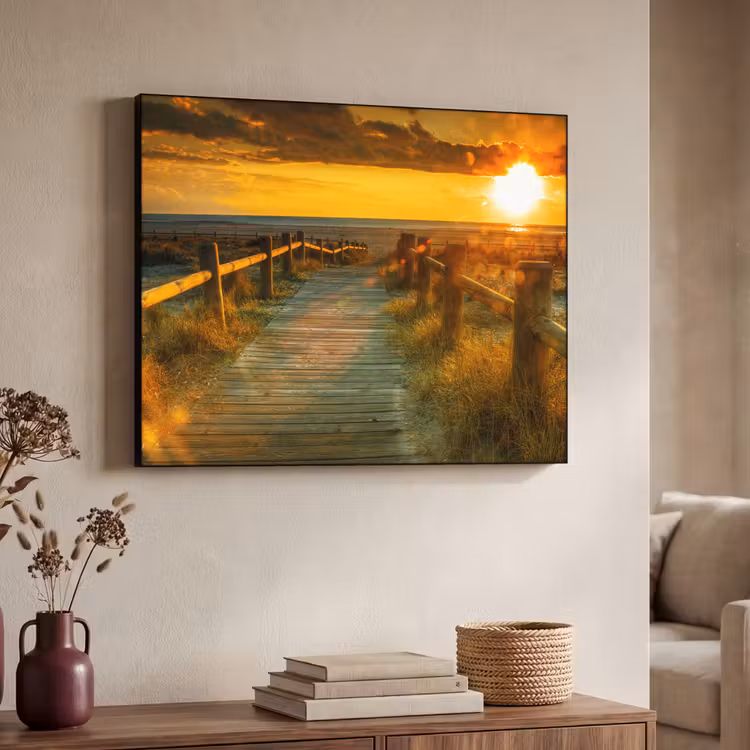Zon - Strand - Duin - Horizon - Gras - Pad - Oranje Textielframe zwart klein -sfeer3