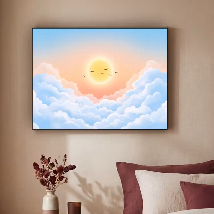 Zon - Vogels - Lucht - Natuur - Geel Textielframe zwart klein -sfeer1
