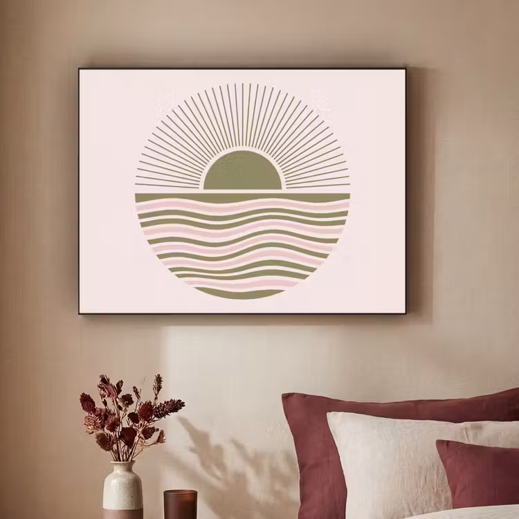 Zon - Zee - Abstract - Modern - Roze Textielframe zwart klein -sfeer1