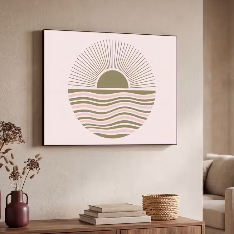 Zon - Zee - Abstract - Modern - Roze Textielframe zwart klein -sfeer3