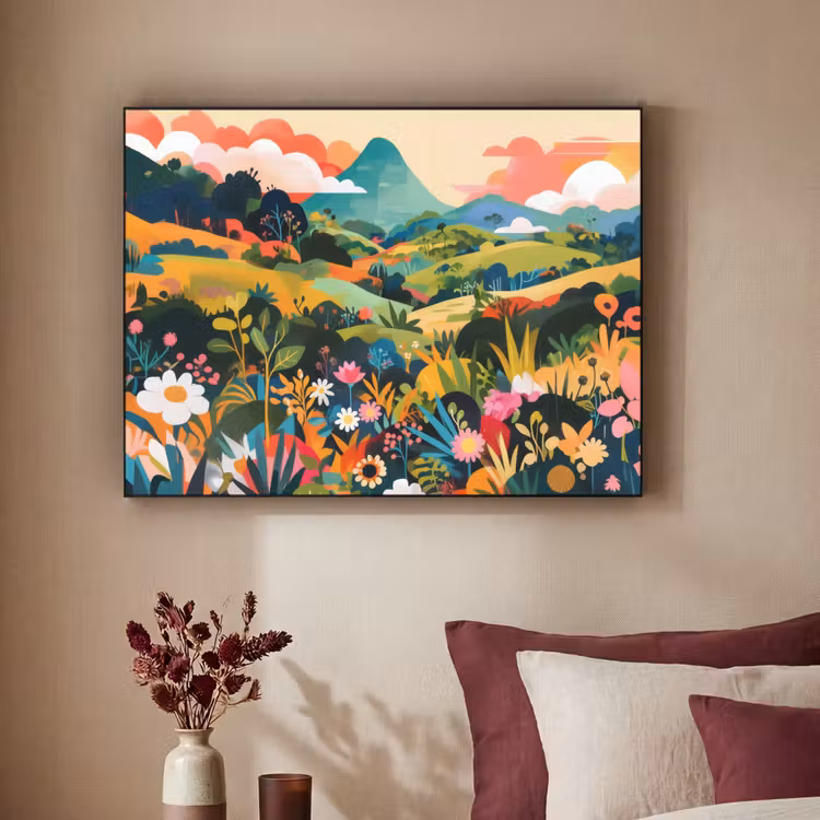 Zonlicht - Heuvels - Wolkenlucht Textielframe zwart klein -sfeer1