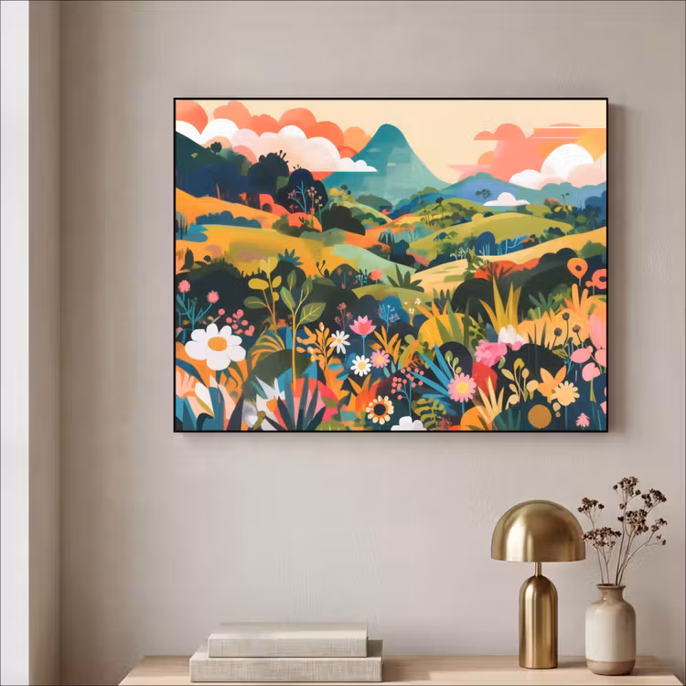 Zonlicht - Heuvels - Wolkenlucht Textielframe zwart klein -sfeer2