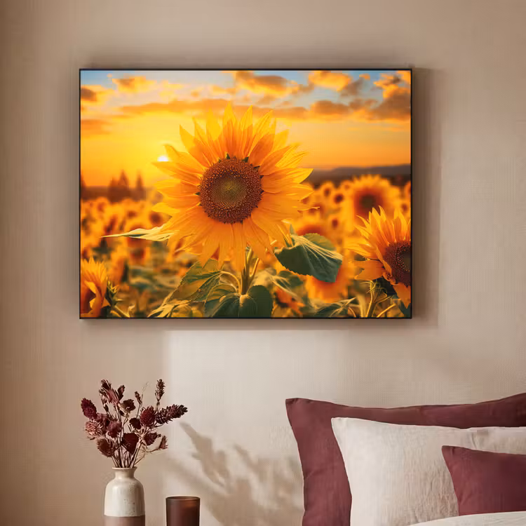 Zonnebloem - Bloemen - Geel - Bloemenveld met zonnebloemen Textielframe zwart klein -sfeer1