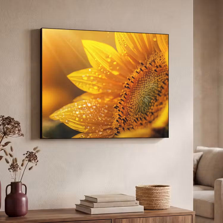 Zonnebloem - Dauwdruppels - Geel - Zonlicht Textielframe - compleet frame klein -sfeer3