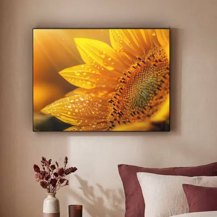 Zonnebloem - Dauwdruppels - Geel - Zonlicht Textielframe zwart klein -sfeer1