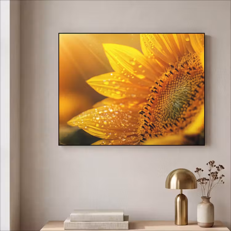 Zonnebloem - Dauwdruppels - Geel - Zonlicht Textielframe - compleet frame klein -sfeer2