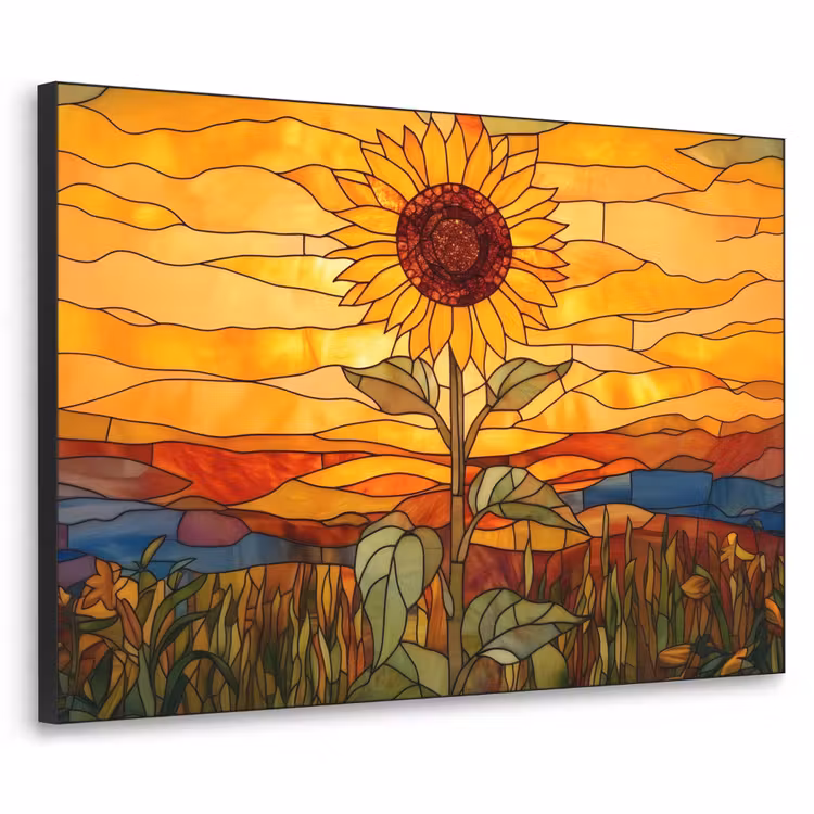 Zonnebloem - Mozaïek - Zonsondergang - Geel Textielframe - compleet frame klein -3d