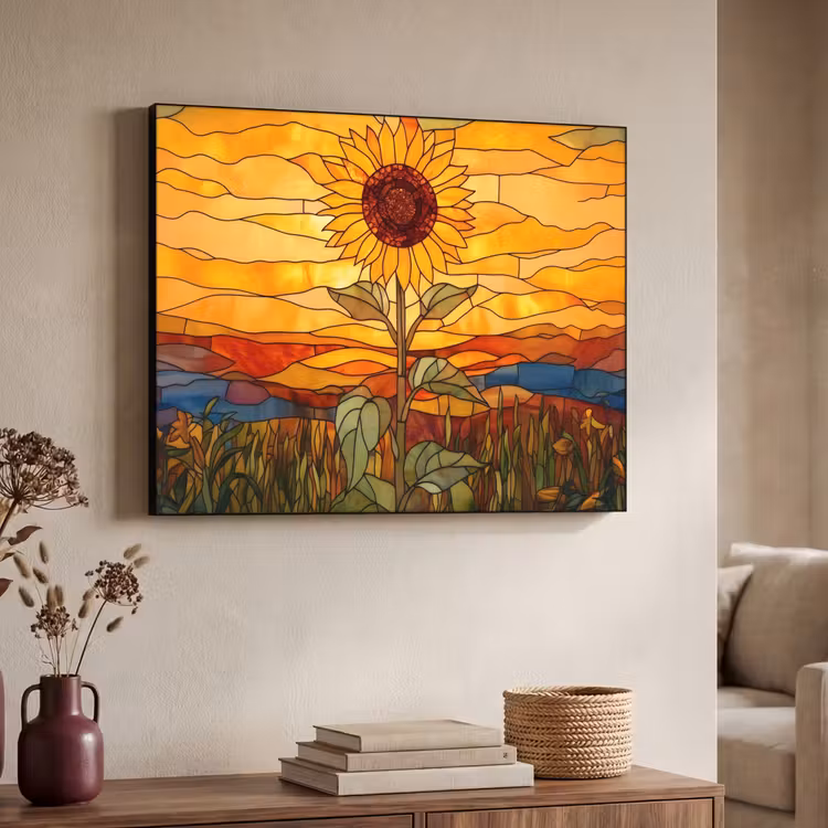 Zonnebloem - Mozaïek - Zonsondergang - Geel Textielframe zwart klein -sfeer3