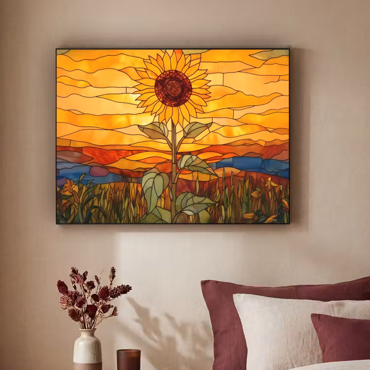 Zonnebloem - Mozaïek - Zonsondergang - Geel Textielframe - compleet frame klein -sfeer1