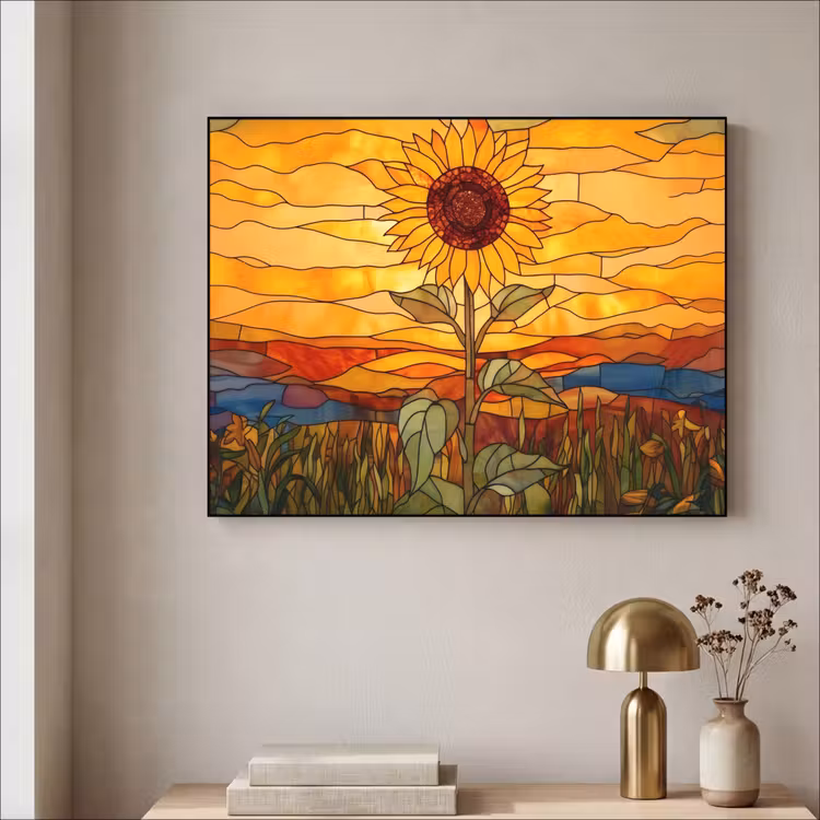 Zonnebloem - Mozaïek - Zonsondergang - Geel Textielframe - compleet frame klein -sfeer2