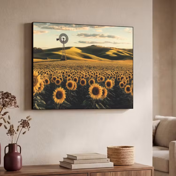 Zonnebloem - Veld - Windmolen Textielframe - compleet frame klein -sfeer3