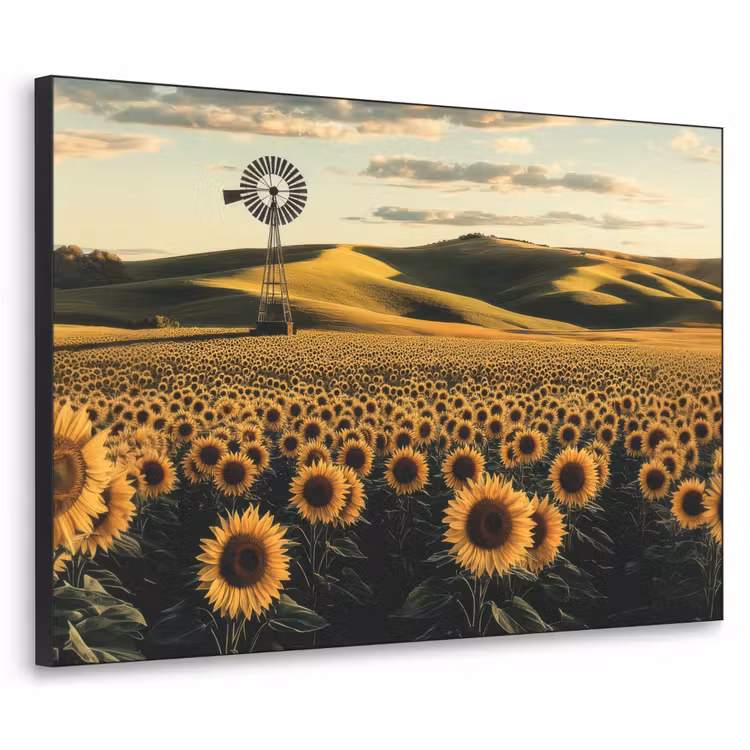 Zonnebloem - Veld - Windmolen Textielframe zwart klein -3d