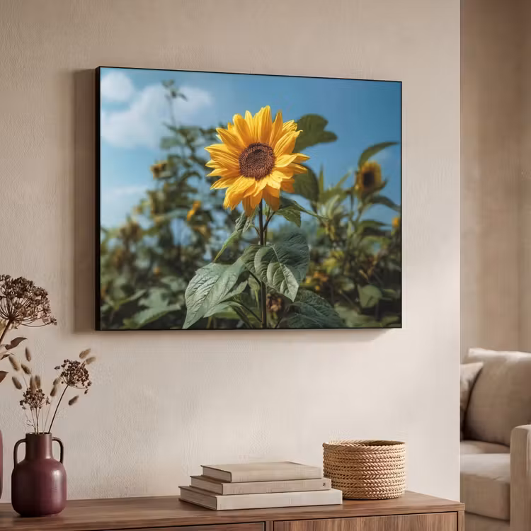 Zonnebloemen - Helderblauwer lucht - Gras Textielframe zwart klein -sfeer3