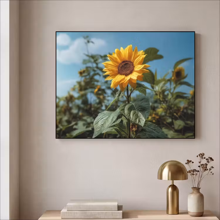 Zonnebloemen - Helderblauwer lucht - Gras Textielframe zwart klein -sfeer2