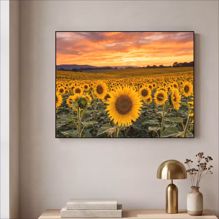 Zonnebloemen - Heuvellandschap - Geel Textielframe zwart klein -sfeer2