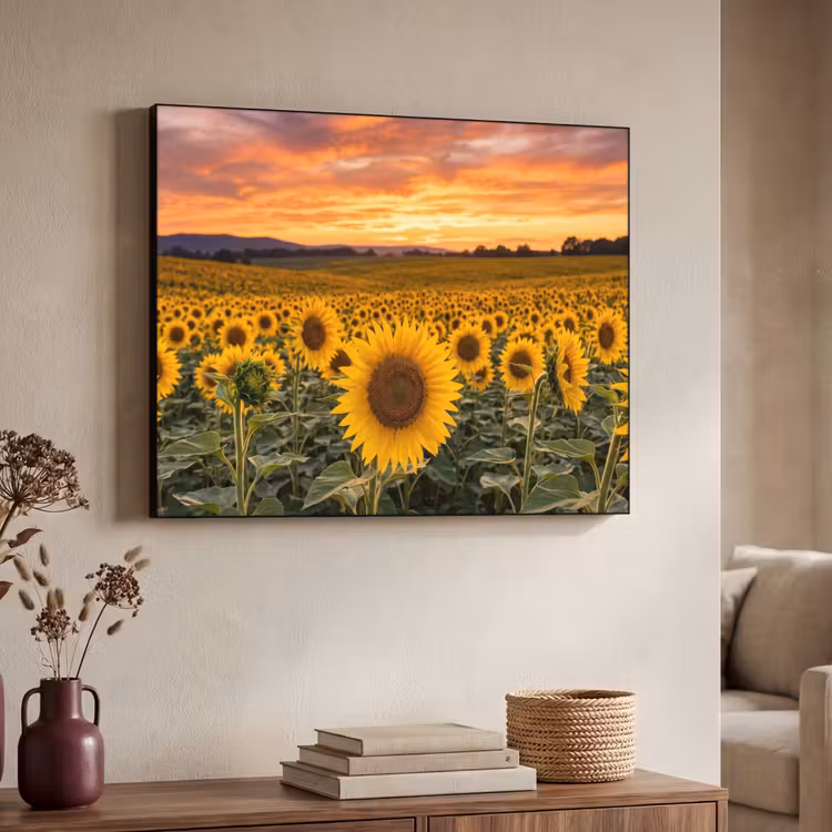 Zonnebloemen - Heuvellandschap - Geel Textielframe zwart klein -sfeer3