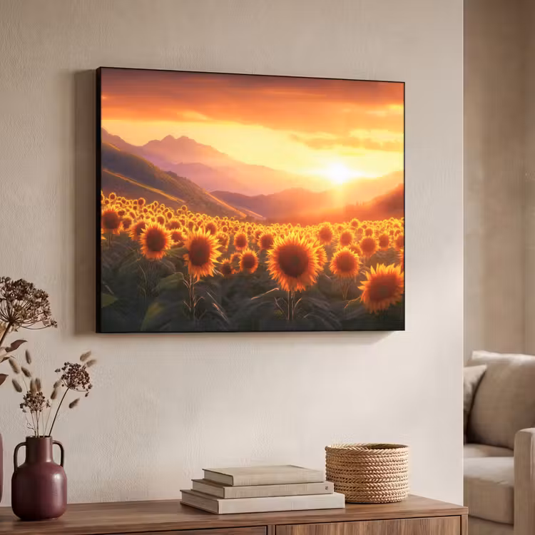 Zonnebloemen - Zonsondergang - Landschap Textielframe zwart klein -sfeer3