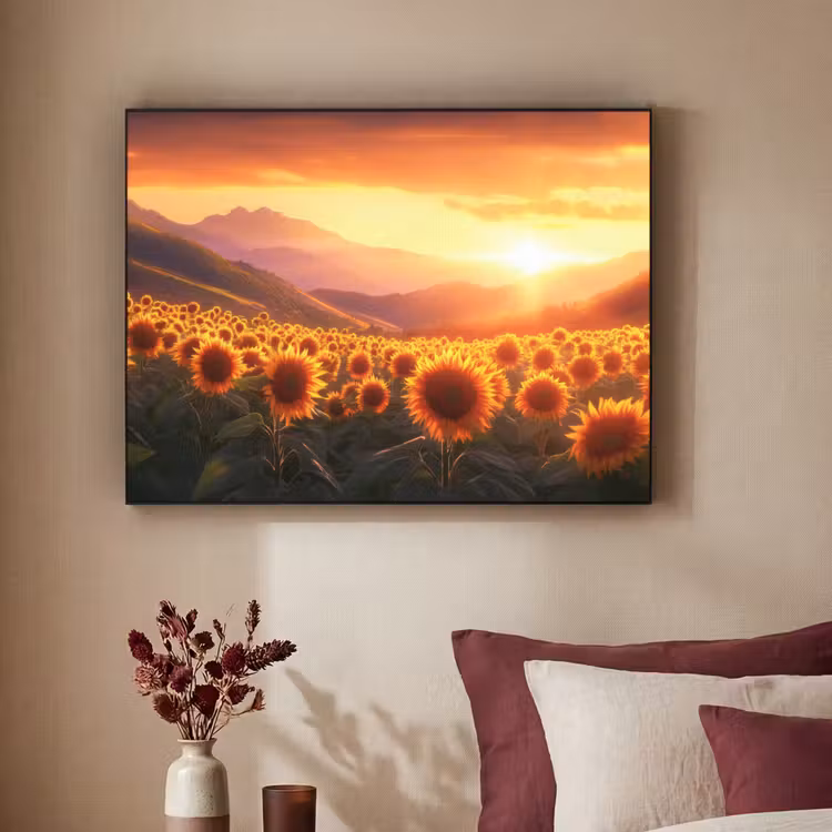 Zonnebloemen - Zonsondergang - Landschap Textielframe zwart klein -sfeer1