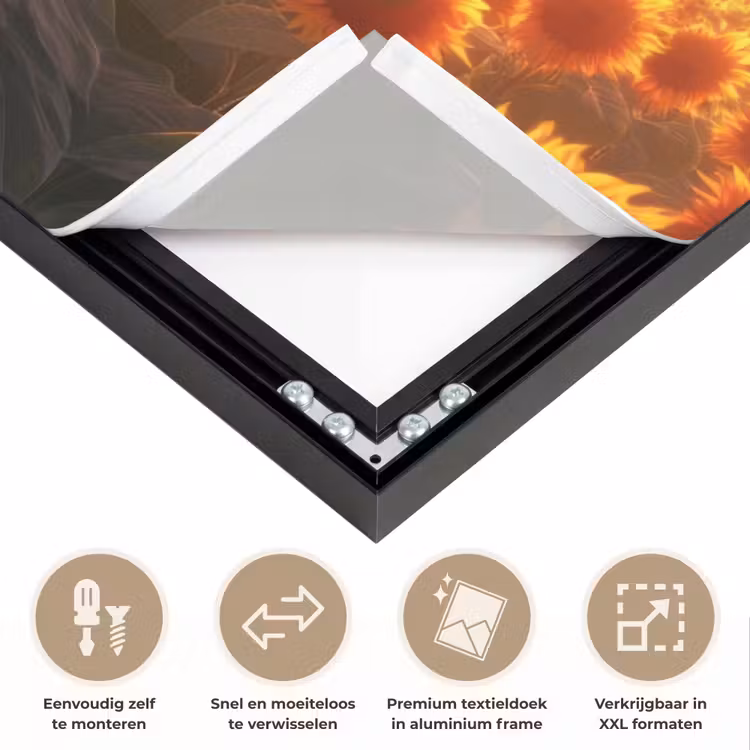 Zonnebloemen - Zonsondergang - Landschap Textielframe zwart klein -USP_closeupNL