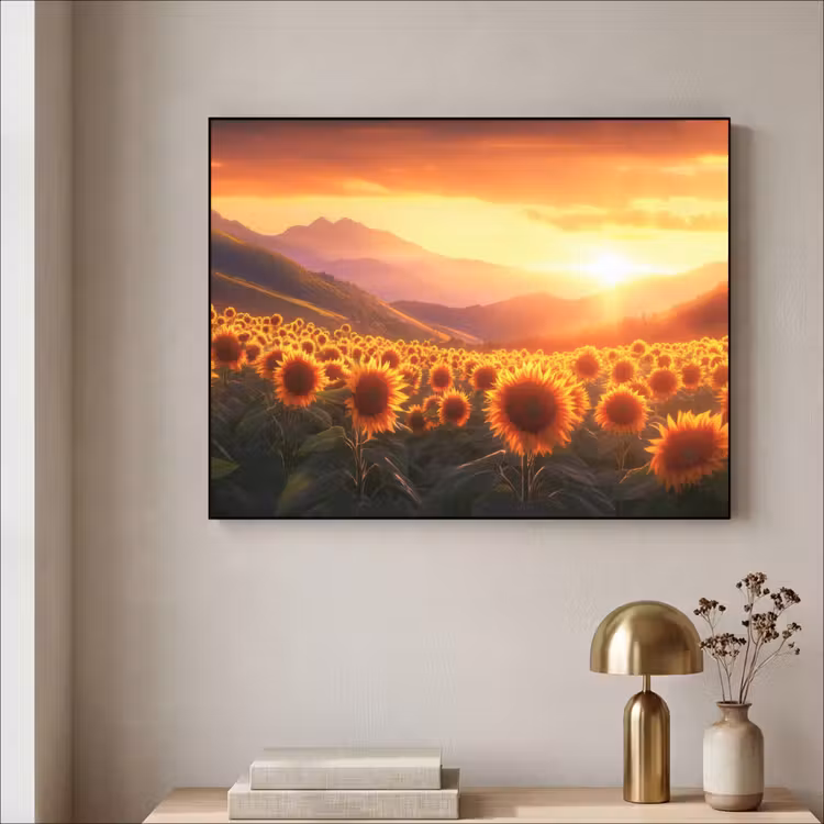 Zonnebloemen - Zonsondergang - Landschap Textielframe zwart klein -sfeer2