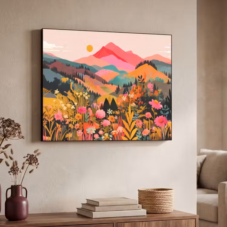 Zonsondergang - Bergvallei - Contrast Textielframe - compleet frame klein -sfeer3