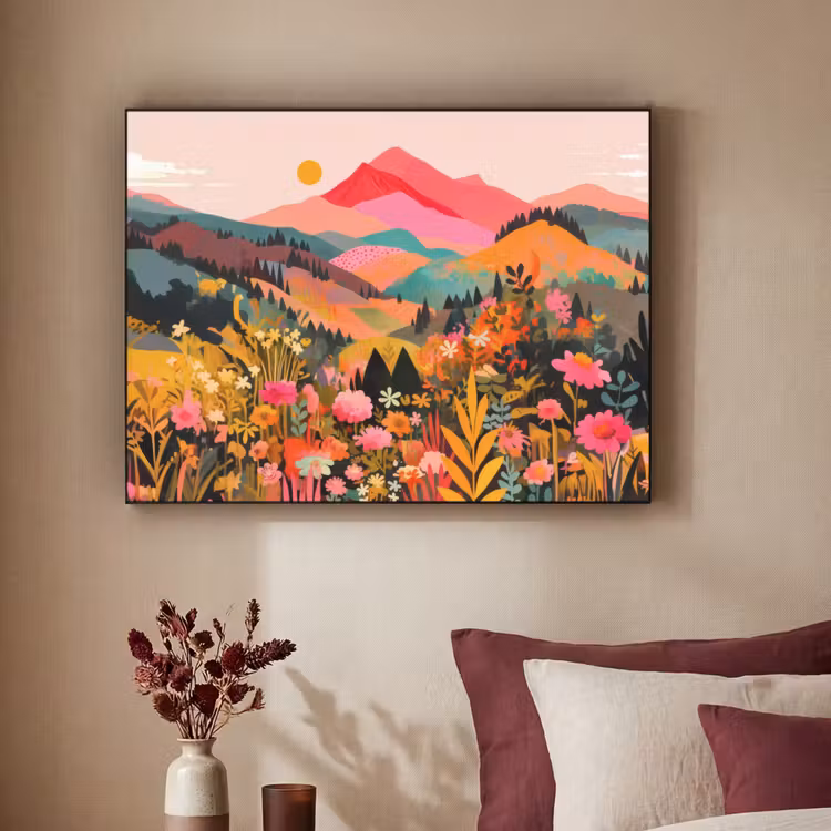 Zonsondergang - Bergvallei - Contrast Textielframe - compleet frame klein -sfeer1