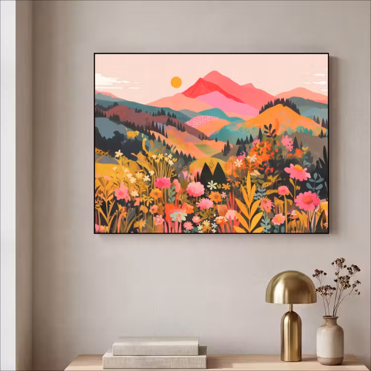 Zonsondergang - Bergvallei - Contrast Textielframe - compleet frame klein -sfeer2