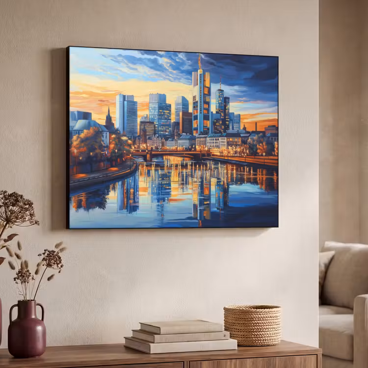 Zonsondergang Frankfurt - Stad - Skyline - Water Textielframe zwart klein -sfeer3
