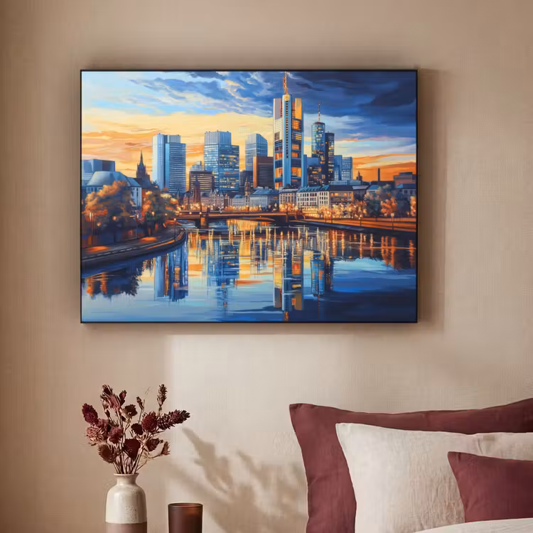 Zonsondergang Frankfurt - Stad - Skyline - Water Textielframe zwart klein -sfeer1