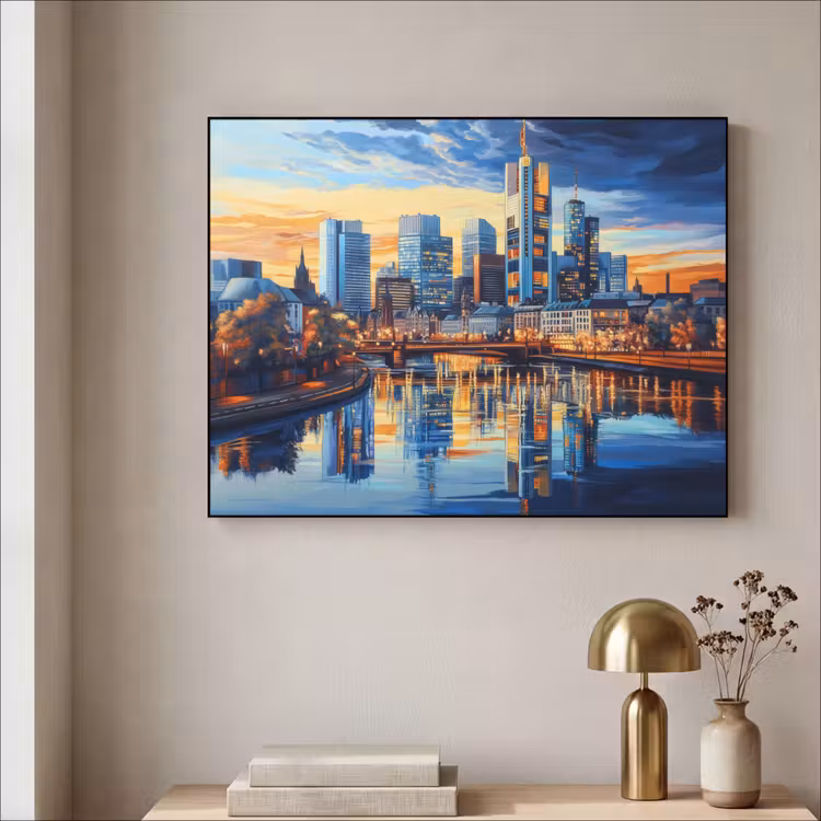 Zonsondergang Frankfurt - Stad - Skyline - Water Textielframe zwart klein -sfeer2