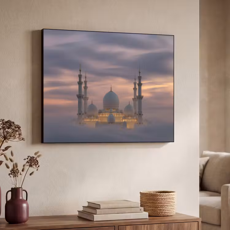 Zonsondergang - Moskee - Wolken - Islamitisch Textielframe - compleet frame klein -sfeer3