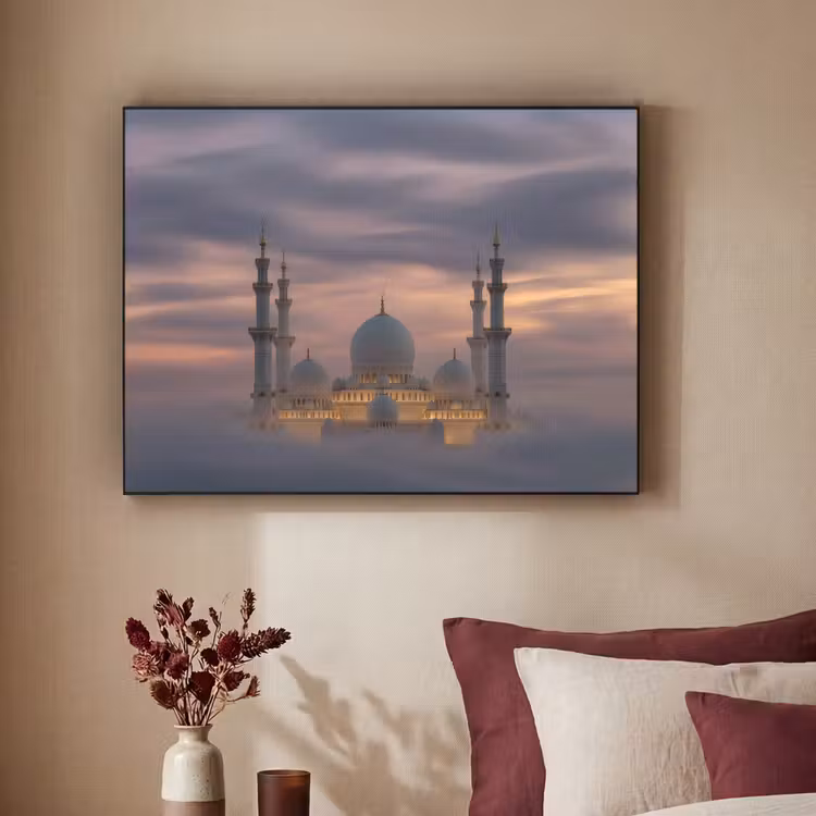 Zonsondergang - Moskee - Wolken - Islamitisch Textielframe - compleet frame klein -sfeer1