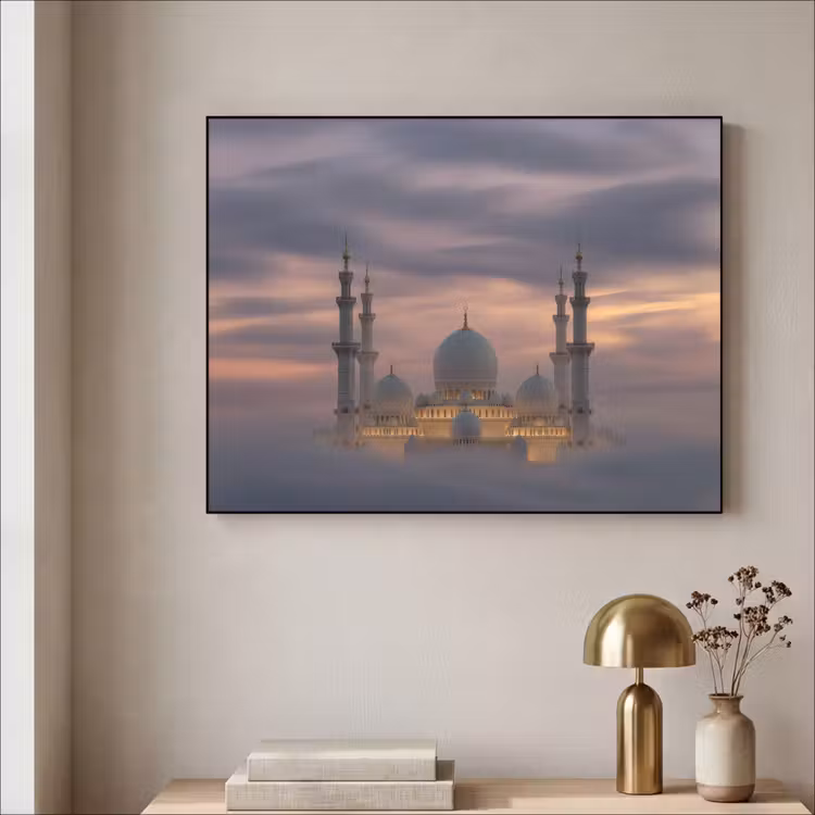 Zonsondergang - Moskee - Wolken - Islamitisch Textielframe zwart klein -sfeer2